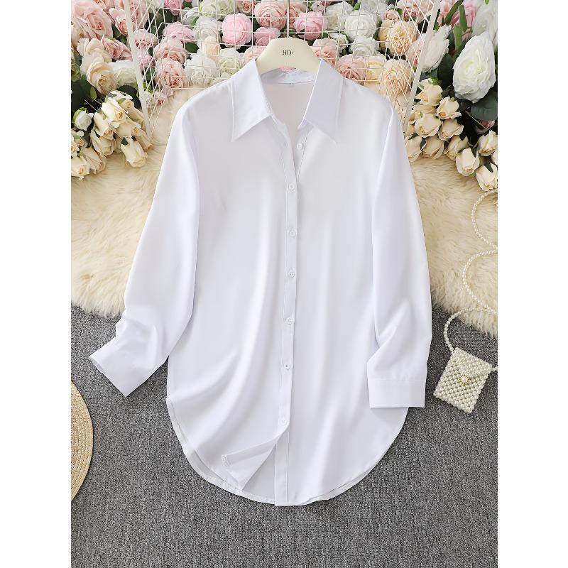 women's Plus Size Solid Color Point Collar Long Sleeve Curved Hem Loose Casual Shirt Blouse