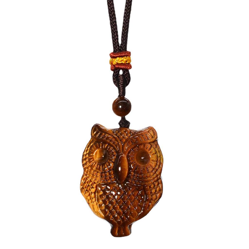 Natural Tiger Eye Owl Pendant Necklace, Wood Stone Jewelry