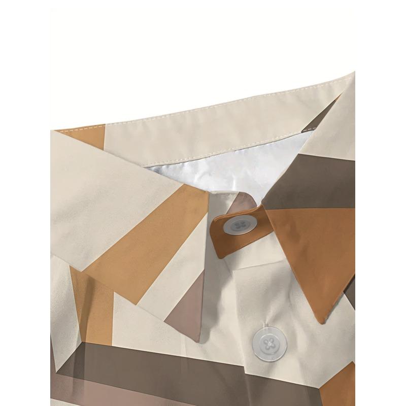 Women Casual Short Sleeve Button Up Shirt Geometric Brown Gray Beige Abstract Pattern Machine Washable Fashionable Blouse