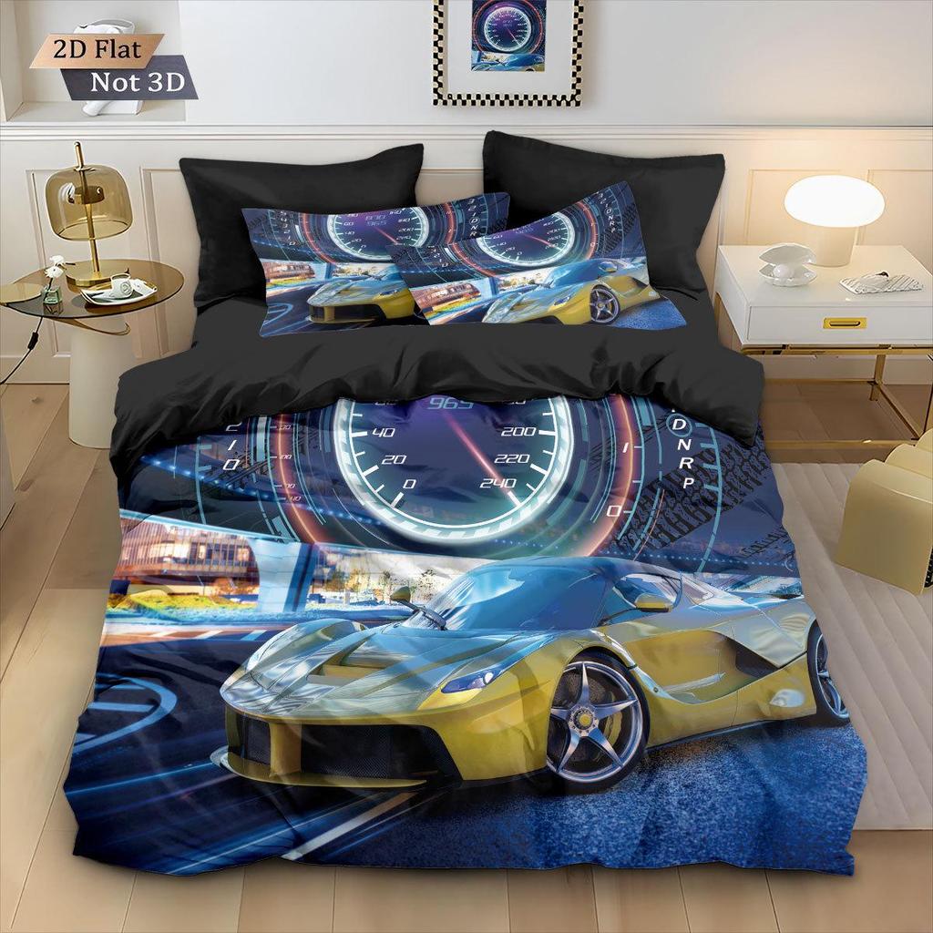 Racing Sports Car Print Bedding Set: Customizable Three-Piece with Pillowcase