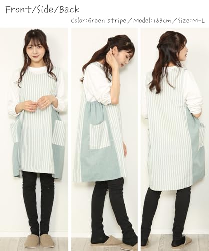 NISHIKI Women's Apron, Easy to Wear, Cute Silhouette, Wrinkle-Resistant Cotton-Polyester, Long Length, with Pockets (Green Stripe: J/ML/ka2203)