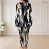 Women Plus Size Pink Orange White Printed Half Zip Long Sleeve Top And Fitted Pants Two Piece Set