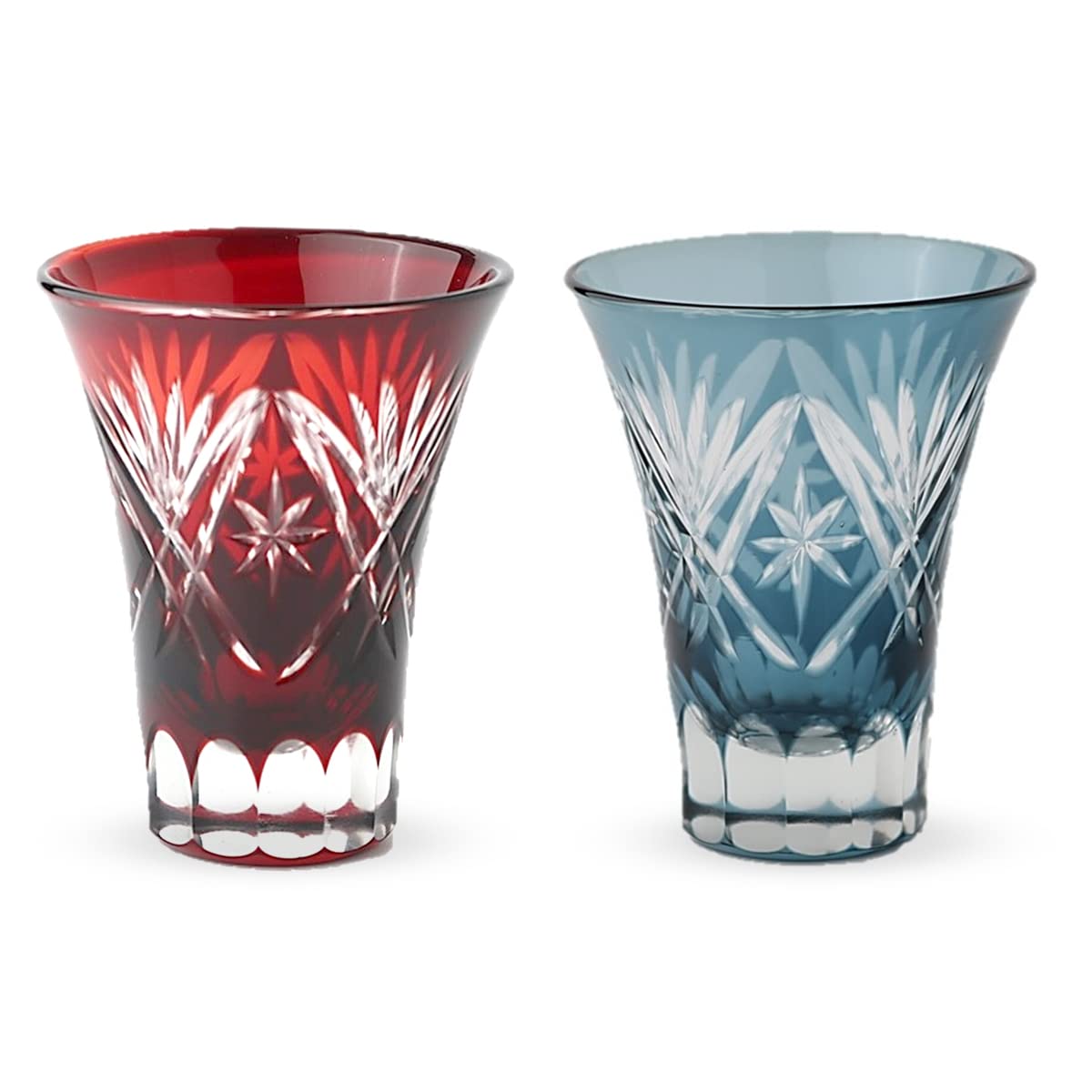 

J-kitchens Retro Kiriko Pair of Glasses for Sake, Diameter 6.2 x 7.8cm, 60cc, Star Fan Design, Red & Ink Blue, Current Model