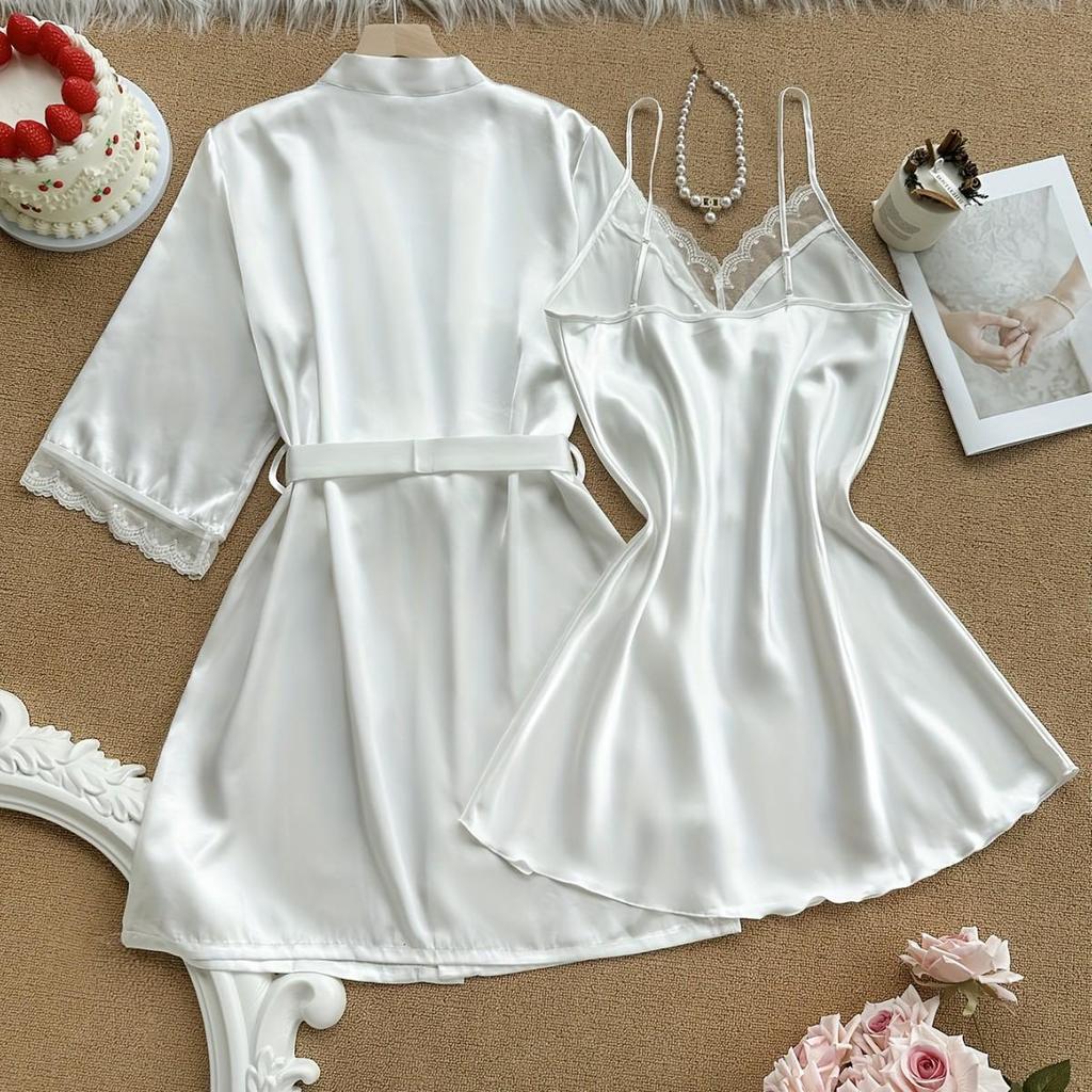 European & American Summer Silk-Feel Sexy Pajamas: Long Sleeve Nightgown Robe Two-Piece Set – Comfortable Tie-Up Women's Homewear.