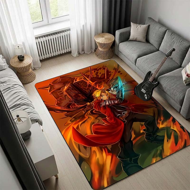 Fullmetal Alchemist Teppich, Edward Elric Alphonse Sonnenuntergang Himmel Anime Druck Teppich, Goldener Hintergrund Wohnzimmer Bodenschutzmatte