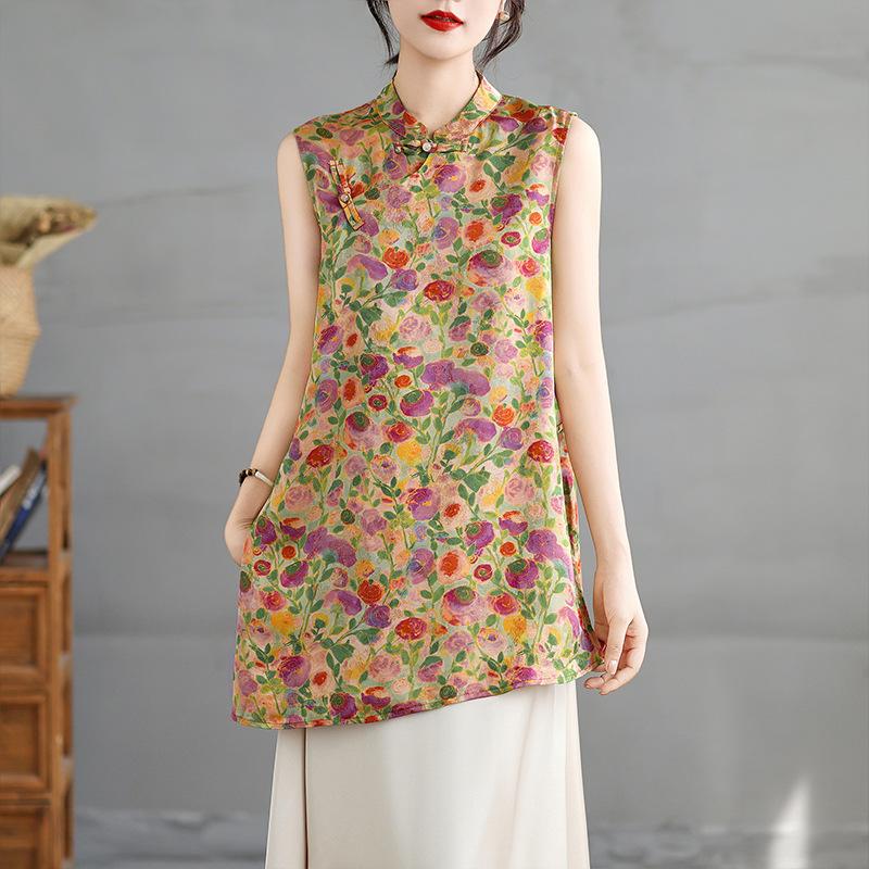 

Women s Summer 2025 New Sleeveless Frog Button Print Shirt - Chinese Style, Loose Fit, High-End Extra Large