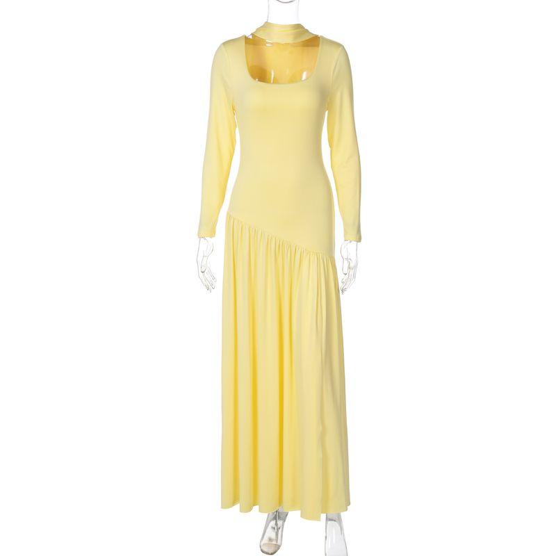 

Gusty French Style Fancy Elegant Adult Lady like Woman Halterneck Streamers Formal Dress Fashion Wind Split Long Sleeve Dress Light yellow S