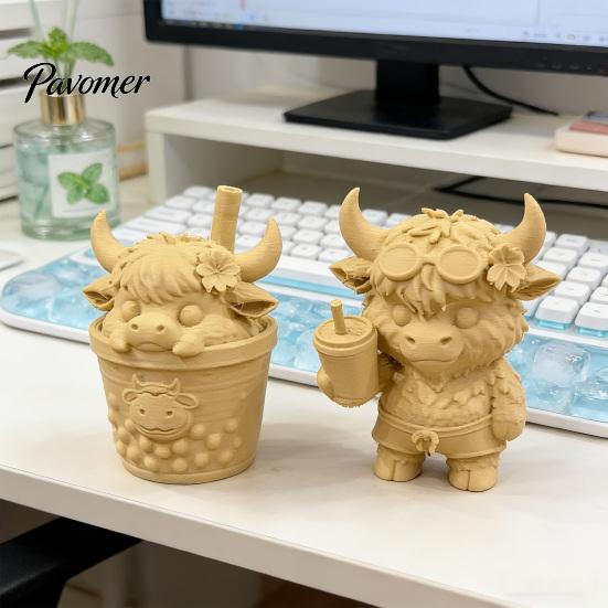 Desktop Landscaping Ornament 2Pcs Cute Highland Cow Figurine, 3D Printed Bubble Tea Statues, Handheld Drink Calf Summer Farmhouse Style Ornaments,