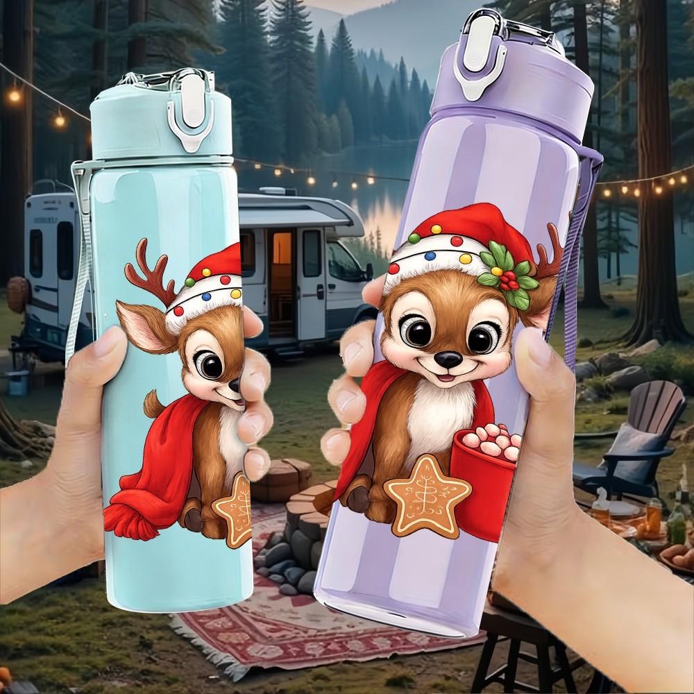 1PC Christmas Reindeer Elk 750ml Color Plastic Sports Water Bottle Leakproof Flip Straw Lid Suitable for Sports Office Home Use