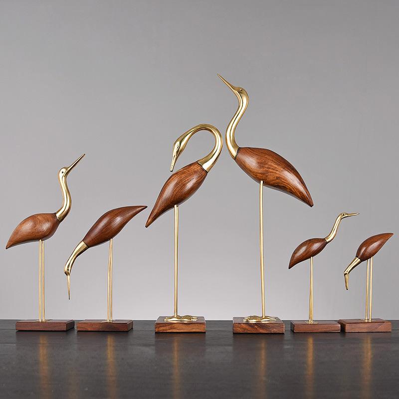 Wooden Pot Ornament Crane Bird Swan Simulation Animal Sculpture Brass Metal Sculpture Home Decoration Decorative Figurines
