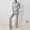 Women's Loose Fit Two-piece Suit Long Sleeve Knit Top High Waist Flare Pants Solid Ribbed Loungewear Matching Set