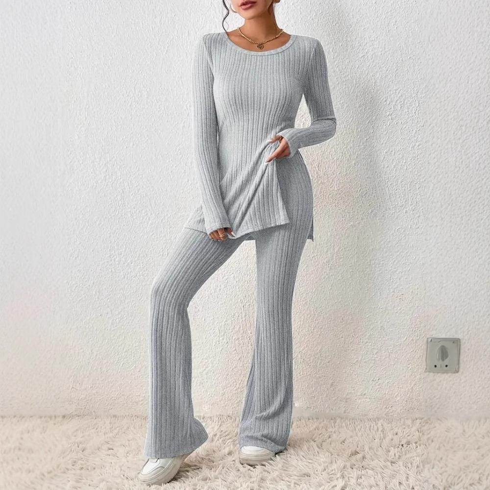 Women's Loose Fit Two-piece Suit Long Sleeve Knit Top High Waist Flare Pants Solid Ribbed Loungewear Matching Set