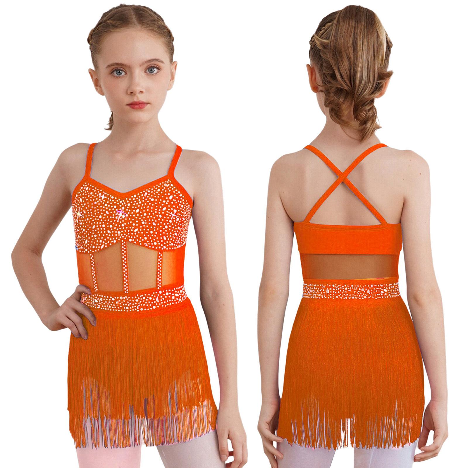 

All-in-One Performance Dress for Girls: Rhinestone, Mesh, Tassel Fringe Combined in One Bodysuit for Easy Costume 5-6 Years фарби люмінесцентні помаранчевий колір