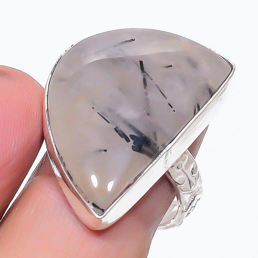 Natural Black Rutile Gemstone 925 Sterling Silver Jewelry Ring Size 8.5 M1w66