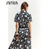 Zaprha 2025 Summer New With Belt Knotted Print Lapel Poplin Midi Dress 5029127