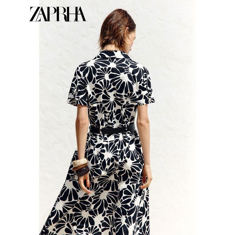 Zaprha 2025 Summer New With Belt Knotted Print Lapel Poplin Midi Dress 5029127