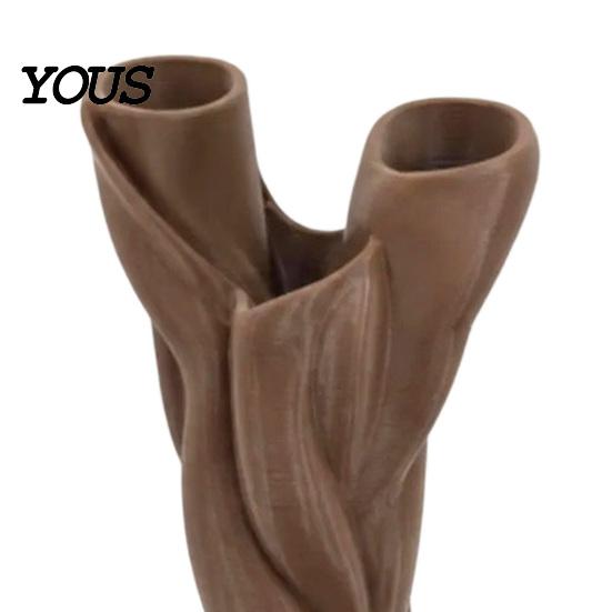 Decorative Table Centerpiece 3D Printed Flower Vase, Matte Wood Grain Double Tube Ornament, Mid Living Room Ornament Century Style Floral Arrangement,