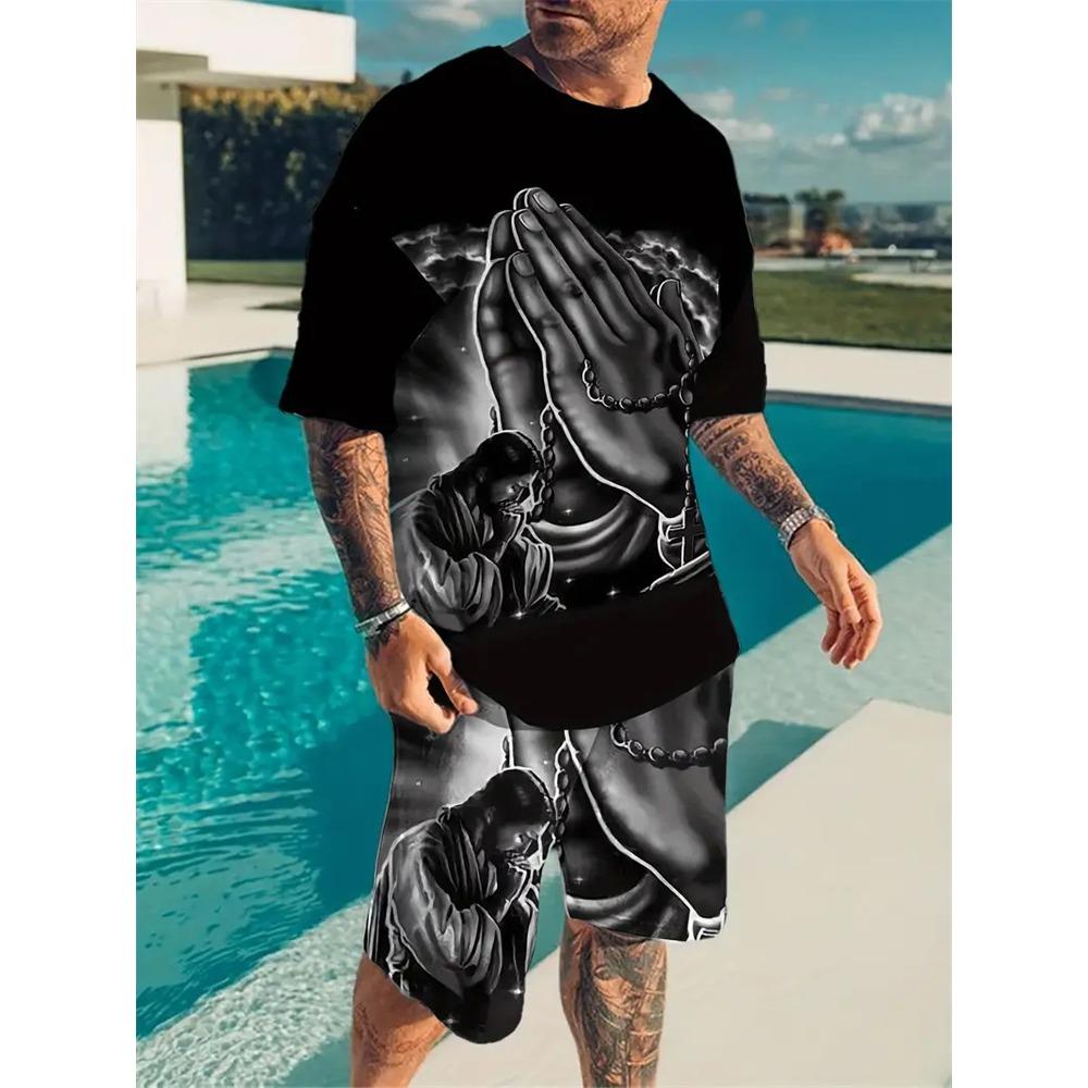 Vacation Casual Short Sleeve T Shirt Outdoor Street Shorts Summer Men's Short Sleeve Shorts Set Mens Skull Printed Set Hot Model