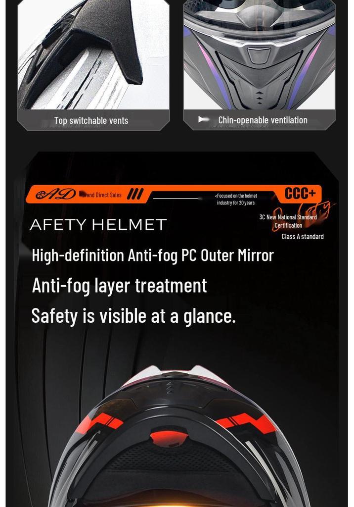 AD Full Face Flip-Up Motorcycle Helmet with LED Taillight, 3C/DOT Certified, All-Season for Men and Women