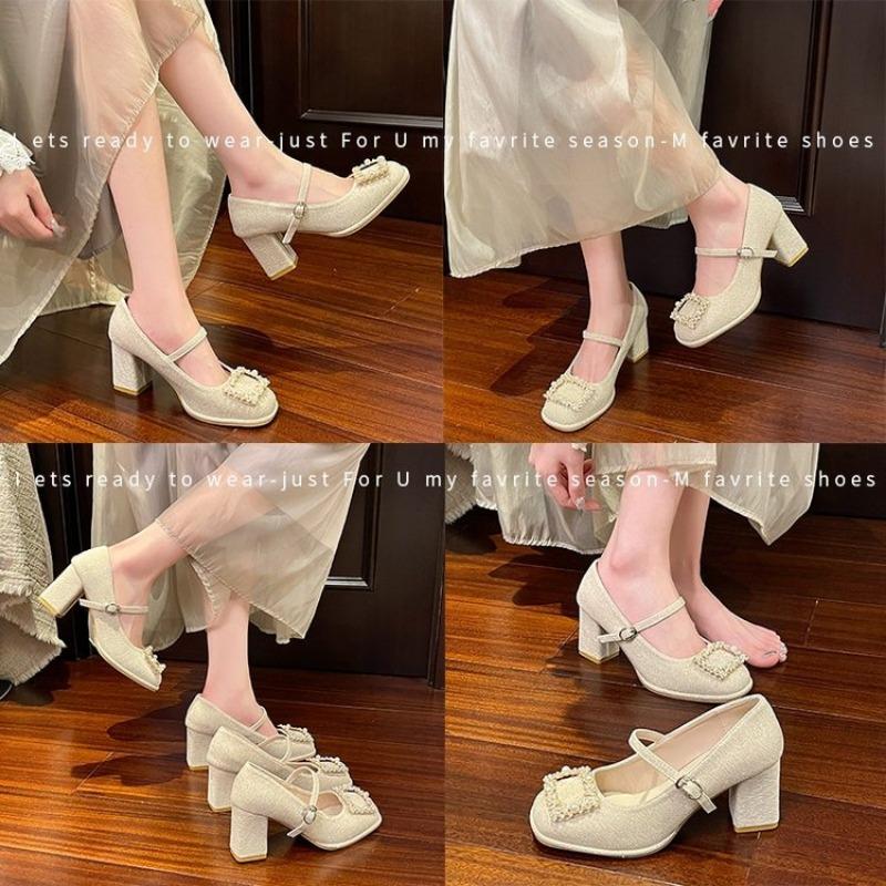 Women's Mary Jane Shoes Square Heel Rhinestones Pearl High Heels Women Dress Party Square Toe Fairy Style Zapatillas De Mujer