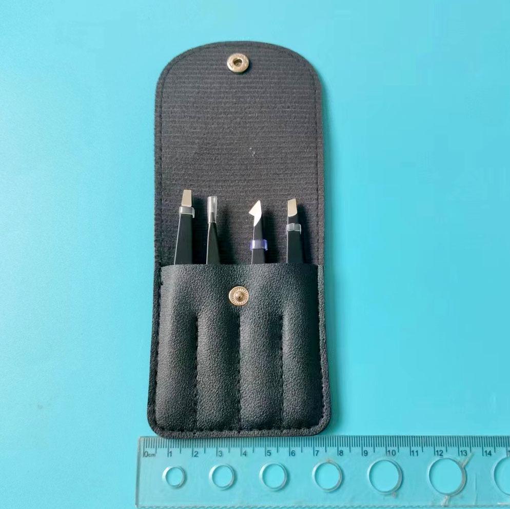 4-Piece Stainless Steel Eyebrow Tweezers Set with Leather Case for Hair and Beard Plucking