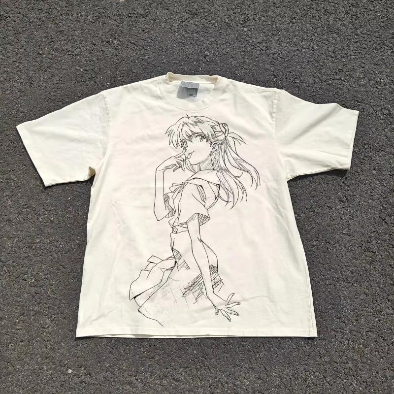 

2026 EVA Asuka Langley Vintage Washed TShirt Anime Line Art Graphic Streetwear Casual Oversized Cotton Tee for Unisex Women S