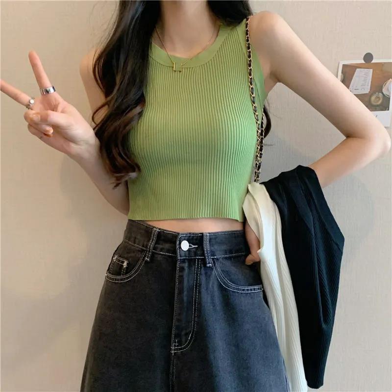 Green Knit Tank Top Sleeveless Short Women's Crop Top Solid Color Inner Wear Outer Skinny Short Vest Korean Fashion