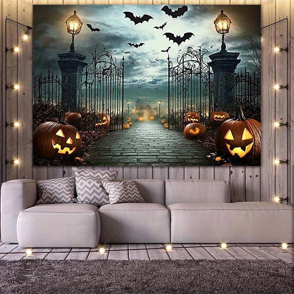 1 Halloween Photography Background with Pumpkin and Bat - Terrifying Ghost House Scenery Halloween Decoration