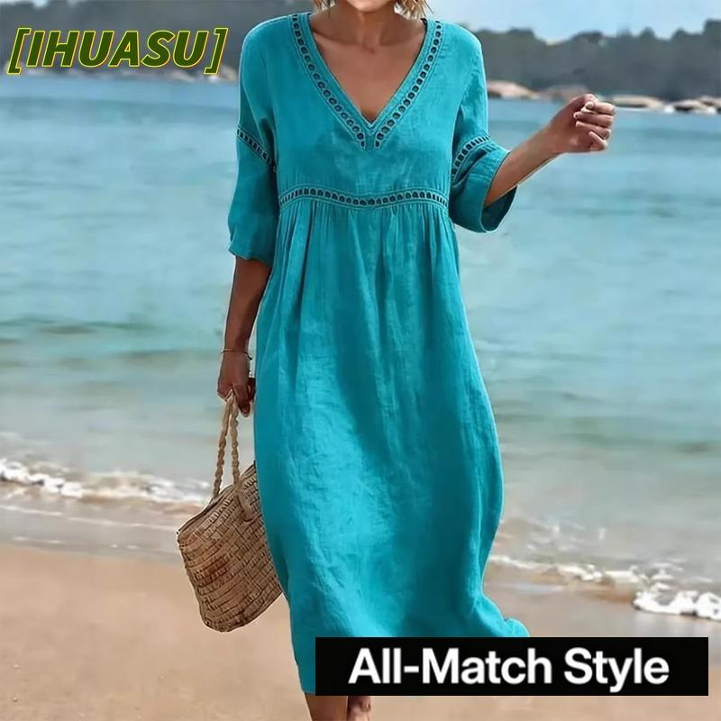 IHUASU Fashion Summer Spring Solid Color Print V-Neck 1/2 Sleeves Casual Dresses