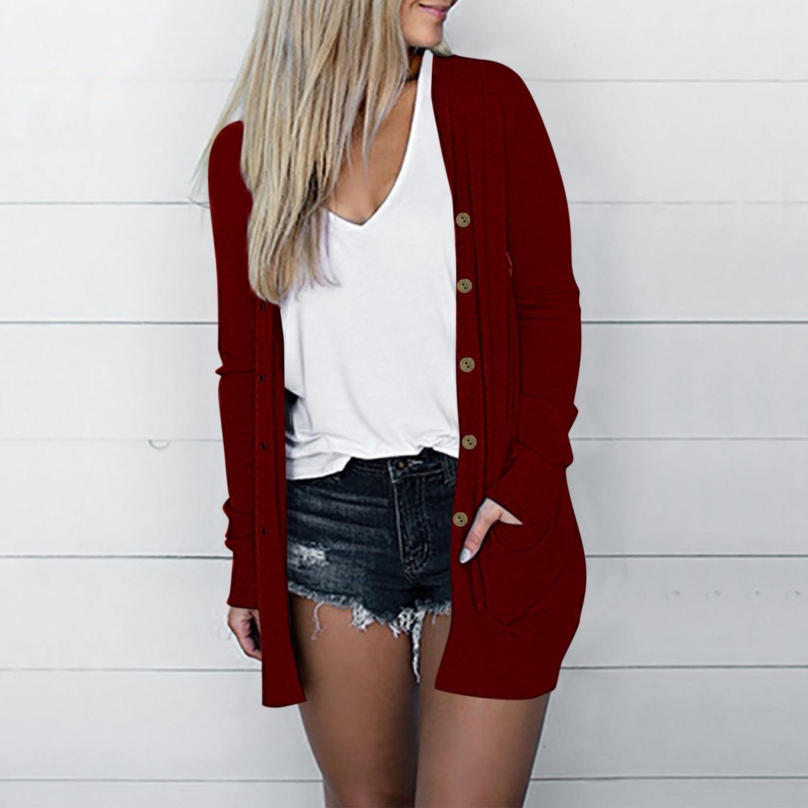

Женская мода Свободный повседневный карманный однотонный кардиган с длинными рукавами на пуговицах Куртка Топы XXXL винный