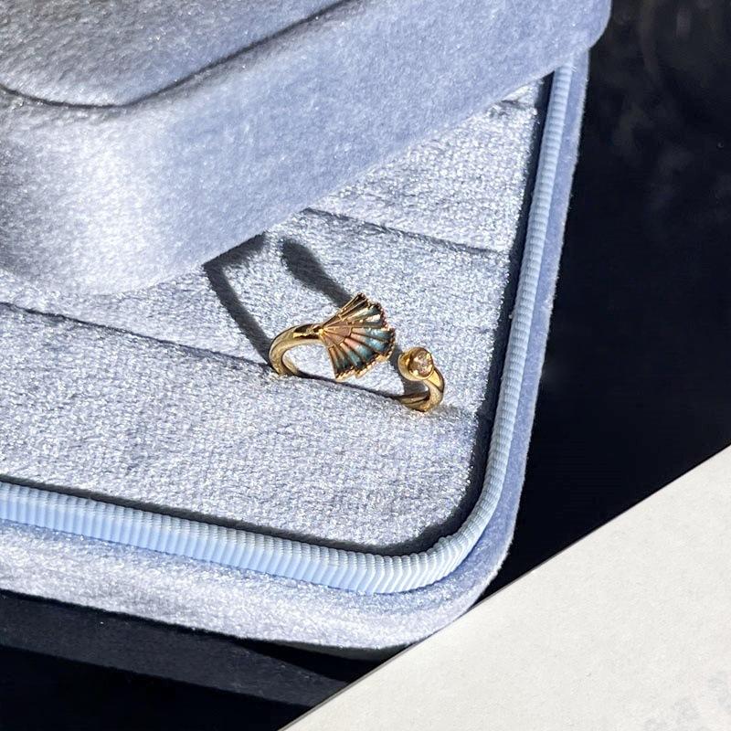 Sweet‑Cool Court‑Style Index‑Finger Ring Gilt Pearlescent New‑Chinese Lake‑Blue Enamel Flower Adjustable Fashion Ring