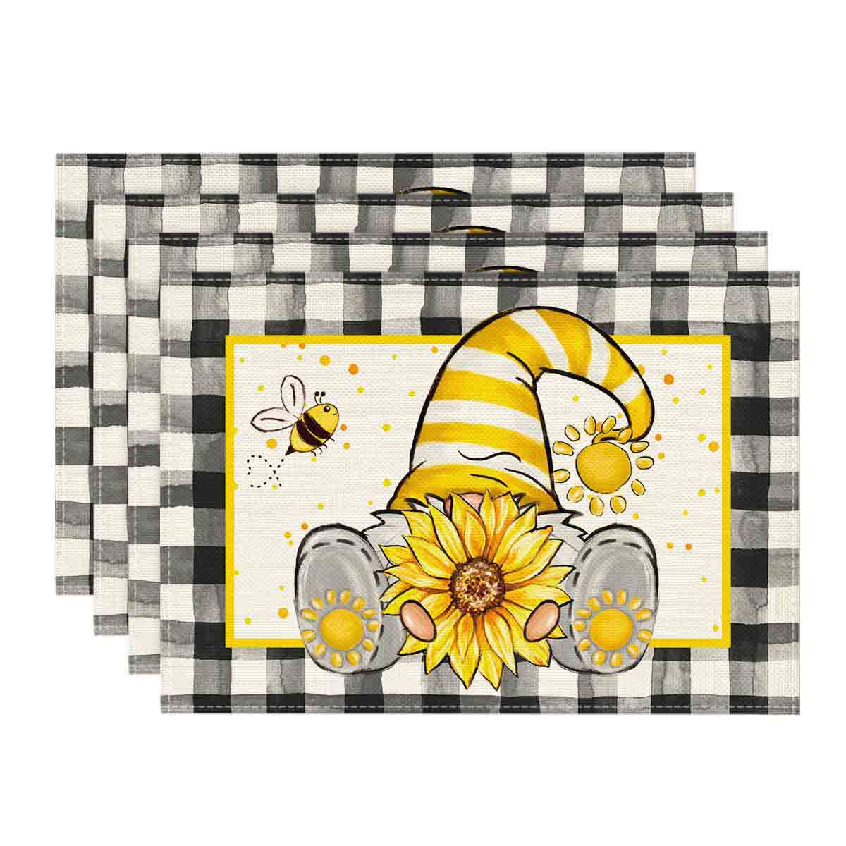 

Buffalo Plaid Gnome Bee Sunflower Summer Placemats Set of 4, 12x18 Inch Seasonal Spring Table Mats for Party Kitchen Dining Decoration 12 x 18 , Placemats Set of 4