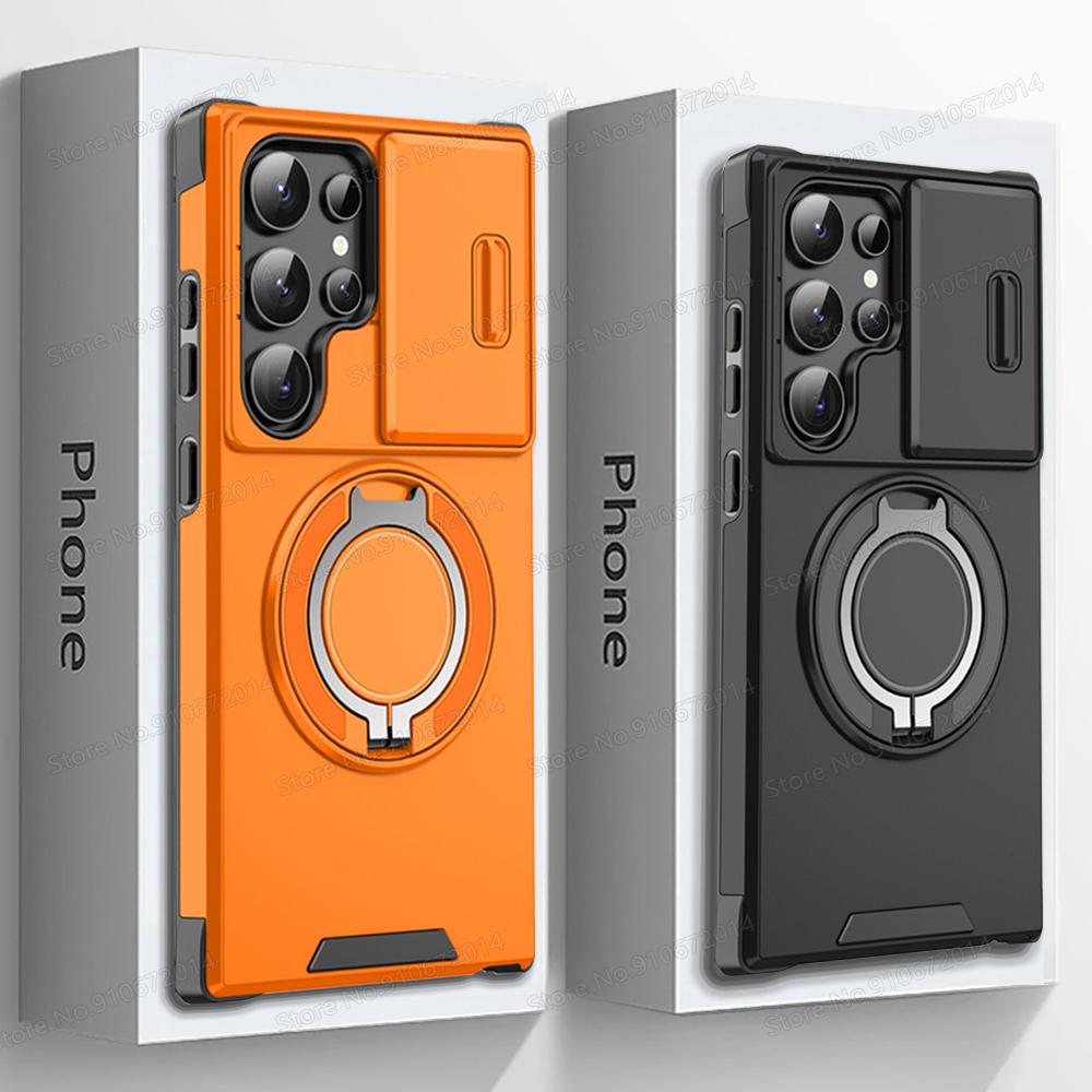 Ring Folding Magnetic Holder Dual Layer Phone Case For Samsung Galaxy S25 Edge S24 S23 Ultra FE Plus S22 S21 Slide Camera Cover