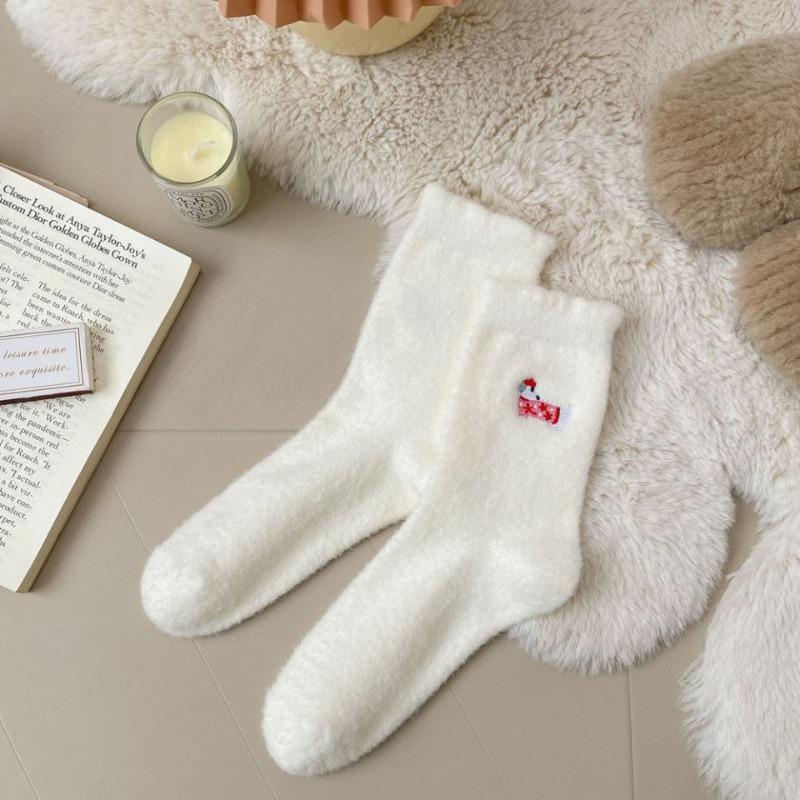 

Милые чисто белые носки до середины икры из норкового флиса с черной отделкой ушей, австралийского флиса, с вышивкой таксы, мультяшные, толстые, теплые, для сна, послеродовые 1 pair