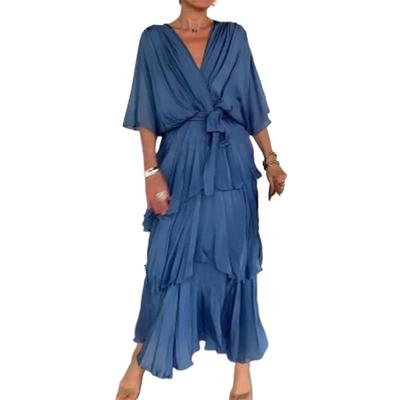 European And American Style Spring Summer Solid Color Fashion V-Neck Chiffon Cake Dress Bat Sleeve Dress