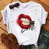 Lips Watercolor Pattern Pure Cotton Print Unisexs and Womens Personalized Round Neck Short Sleeved Summer New Casual Tshirt