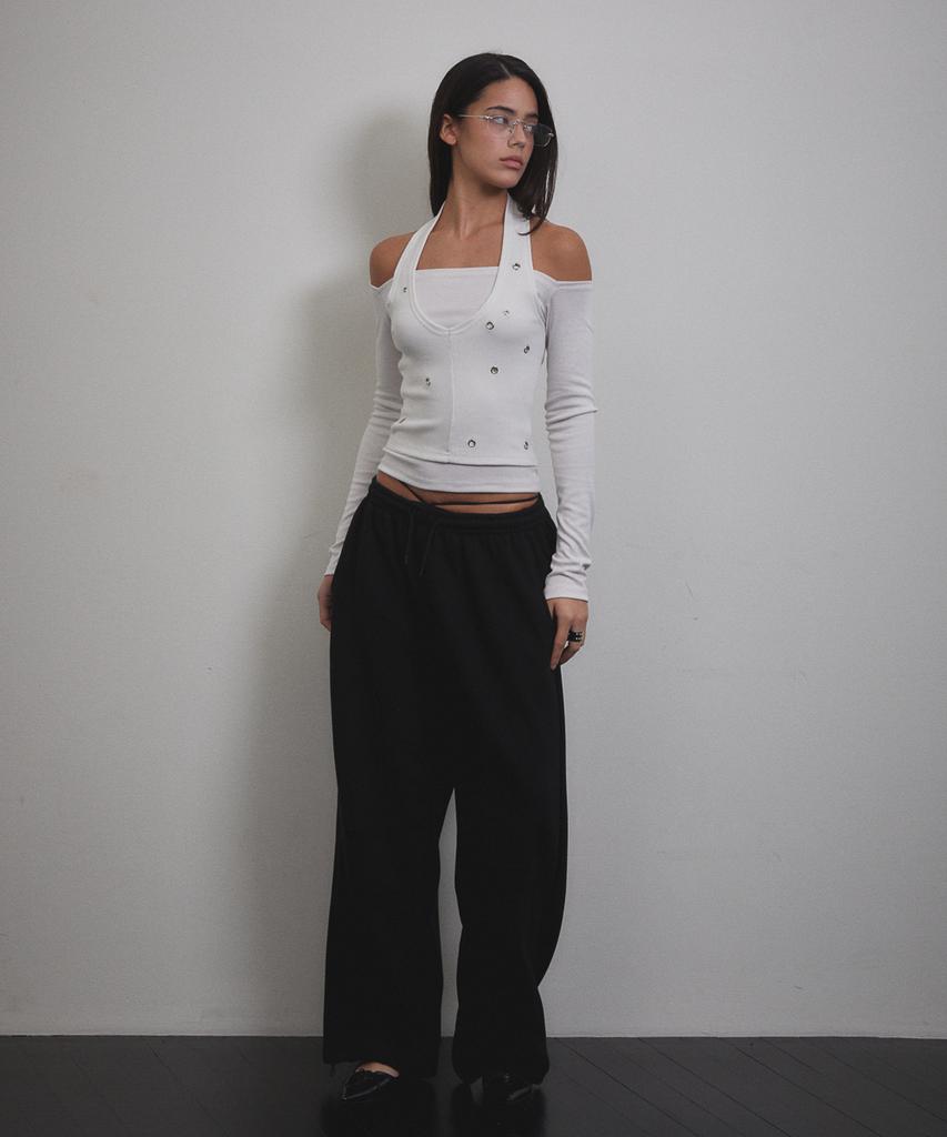 Bunteu Eyelet Halter Long Sleeve (Ivory)