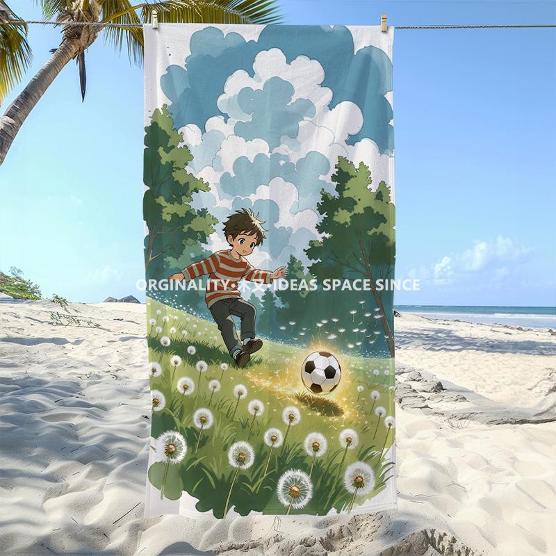 Boys' Football Dandelion Field Beach Towel Patterned Sunscreen And Windproof Suitable For Swimming Pool Camping Travel