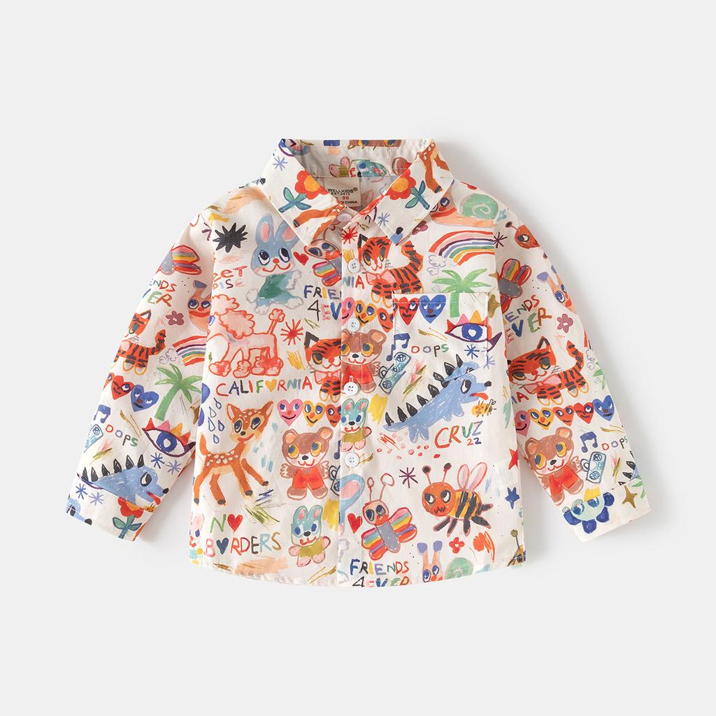 Boys Cotton Shirt 2025 Spring and Autumn New Children's Cute Printed Shirt Children's Long-sleeved Top Tide