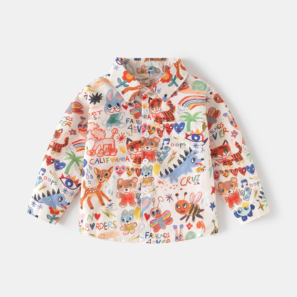 Мальчиковая хлопковая рубашка 2025 весна и осень новая детская милая рубашка с принтом корейская версия детского топа с длинным рукавом тренд 90cm