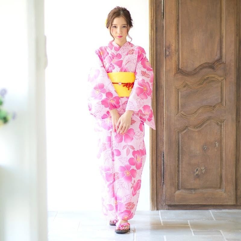 Dita Women's Yukata Set (5 pieces) with Pre-tied Obi, Pink and Yellow, Retro, Large Pattern, Pop, Bold, Camellia Design, Easy to Wear by One Person