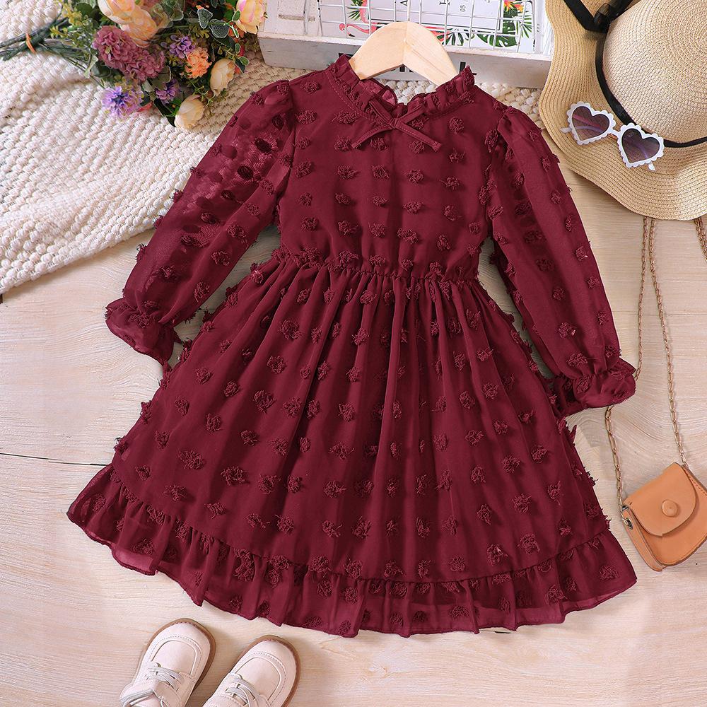 

Children s Clothing New Autumn Jacquard Polka Dot Lace Bow Dress for Girls 130cm червоний