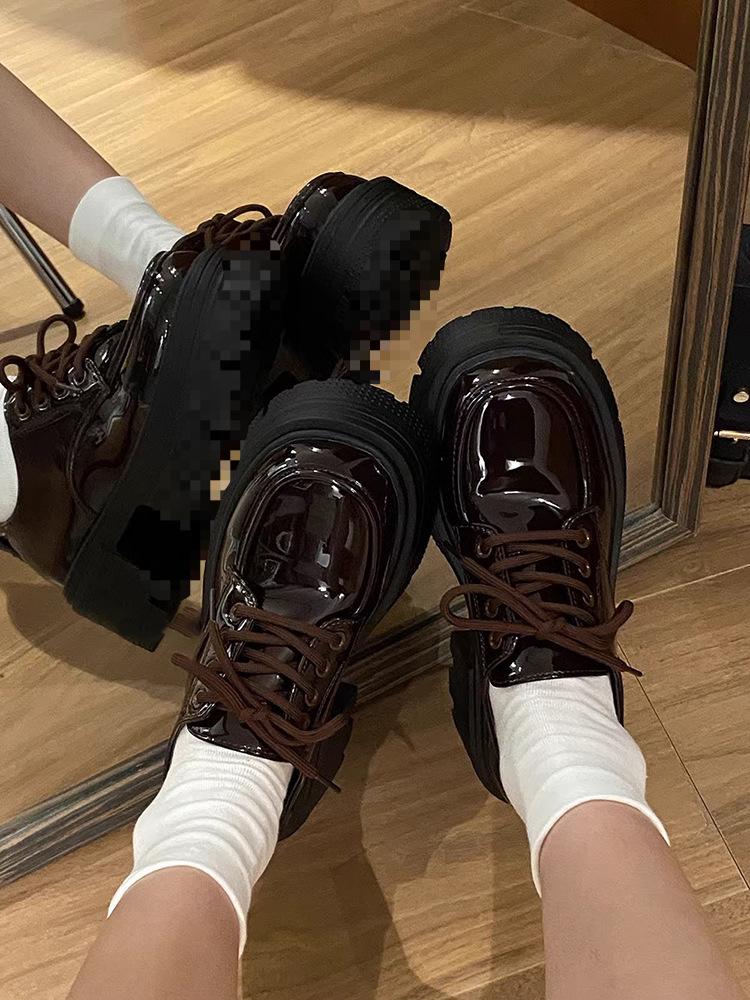 Women's 2024 Black Patent Leather Round Toe Lace-Up Shoes - British Style, Thick Sole, Mid-Heel for Autumn