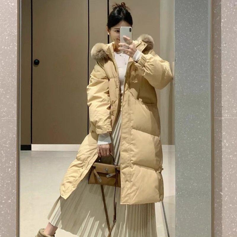 

Down Cotton-padded Jacket Girls Long Over-the-knee Winter New Thick Warm Buckle Big Fur Collar Coat. XL