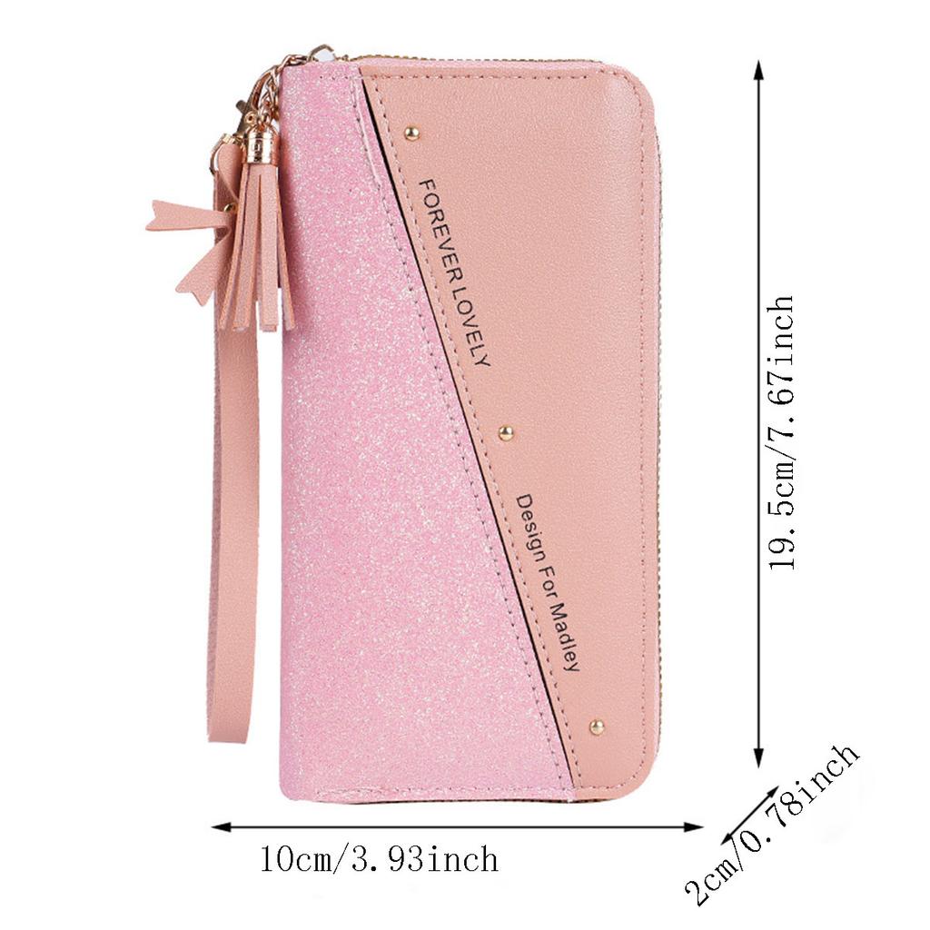 Long Zipper Wallet Ladies Spliced Color Block Tassel Versatile Card Holder Mobile Phone Bag Fashionable Ladies Accessories