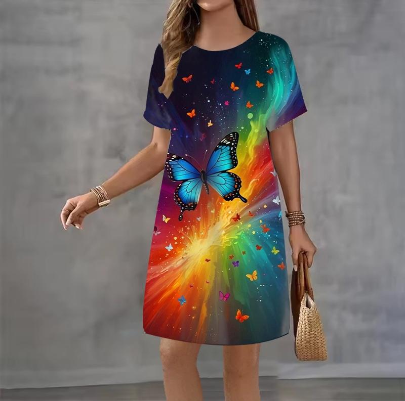 Fashion 3D Print Summer Dress Loose Casual Short Sleeve O-Neck Mini Dress