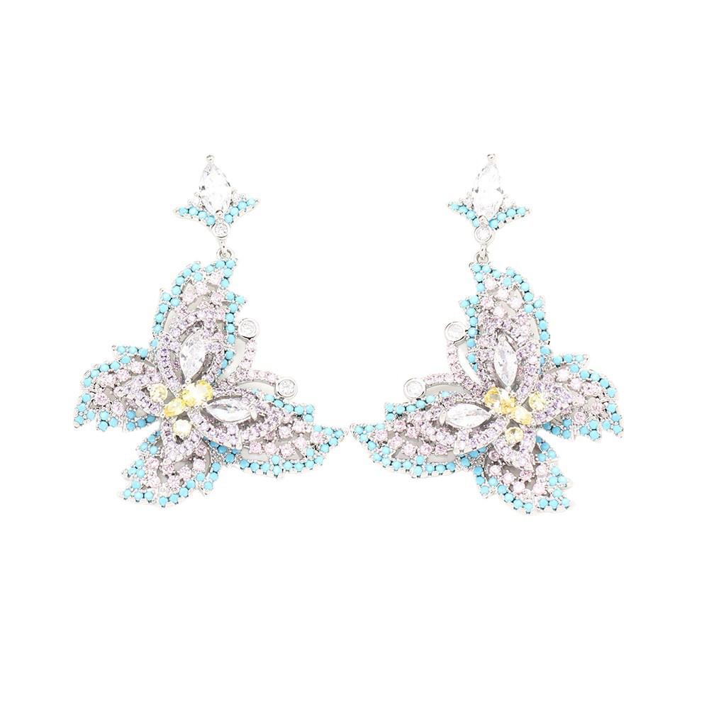 Heavy Industry Micro-inlaid Zircon Blue Butterfly Earrings Elegant Light Luxury Insect Earrings 925 Silver Needle Dinner Earrings Women's