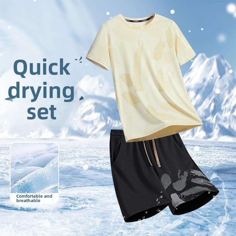 Men's T-Shirt +Shorts Two Piece Suit Summer Quick Dry Breathable Fitness Short Sleeve Sets Outdoor Tennis Sports Outfit