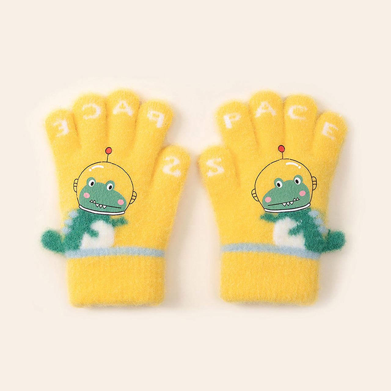 

Теплые варежки для мальчиков, перчатки с полными пальцами, мультяшные динозавры, крокодилы, вязаные детские ветрозащитные, морозостойкие, милые детские зимние перчатки жёлтый