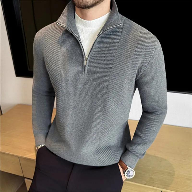 

Autumn Winter Thick Striped Knit Pullovers Men Fashion Half Zipper High Quality Stand Collar Mens Slim Fit Warm Knitted Sweater XXL серый